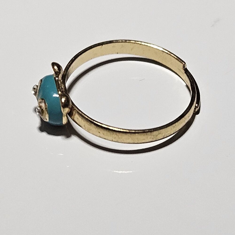 Gold Tone Blue Enamel Bear Face Ring Clear Rhinestone Eyes Adjustable Size 7.25 - Picture 9 of 12
